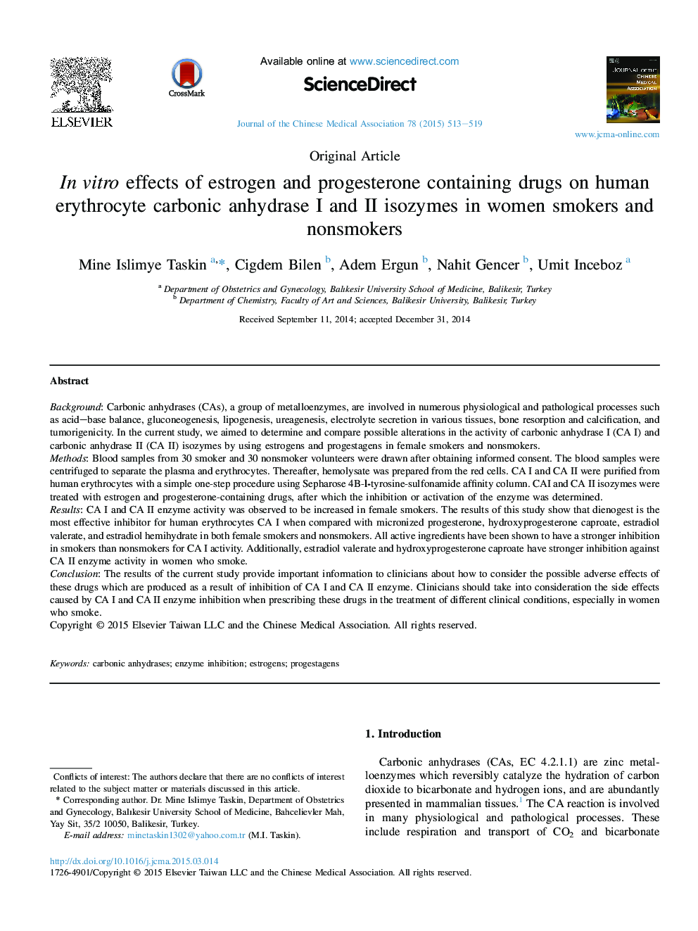 In vitro effects of estrogen and progesterone containing drugs on human erythrocyte carbonic anhydrase I and II isozymes in women smokers and nonsmokers 