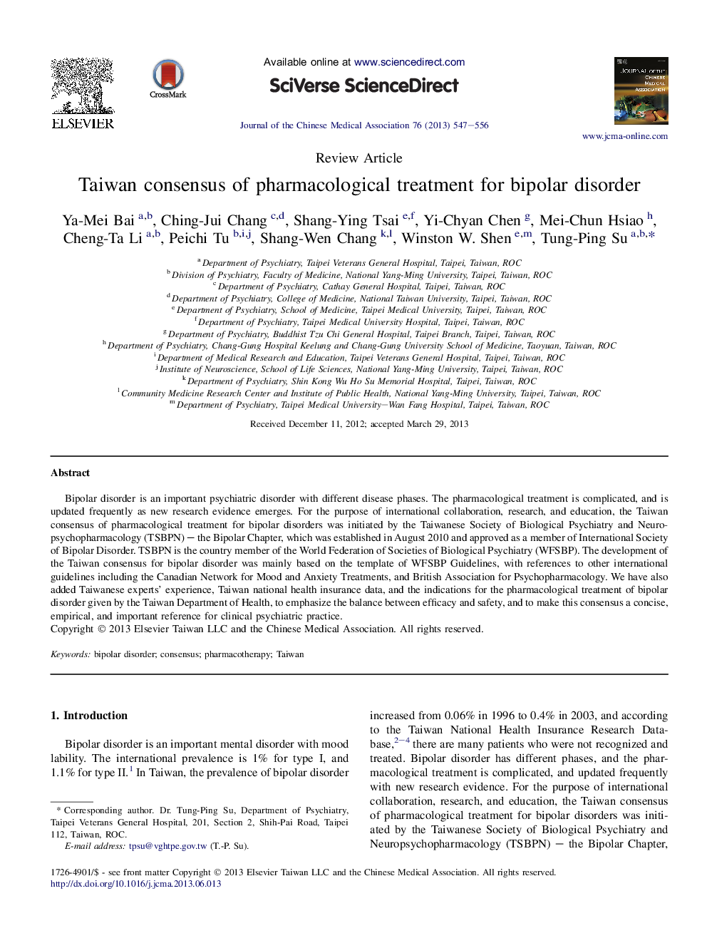 Taiwan consensus of pharmacological treatment for bipolar disorder