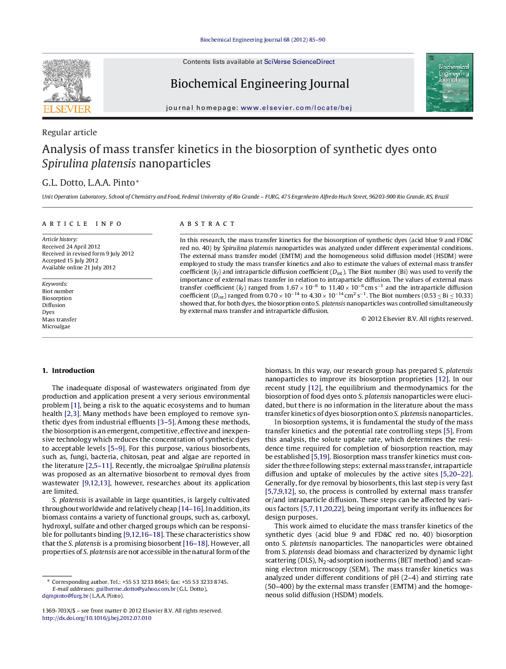 Analysis of mass transfer kinetics in the biosorption of synthetic dyes onto Spirulina platensis nanoparticles