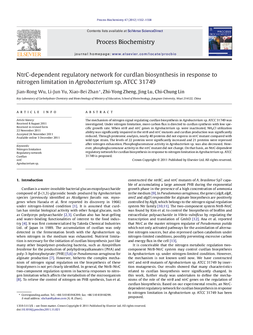 NtrC-dependent regulatory network for curdlan biosynthesis in response to nitrogen limitation in Agrobacterium sp. ATCC 31749