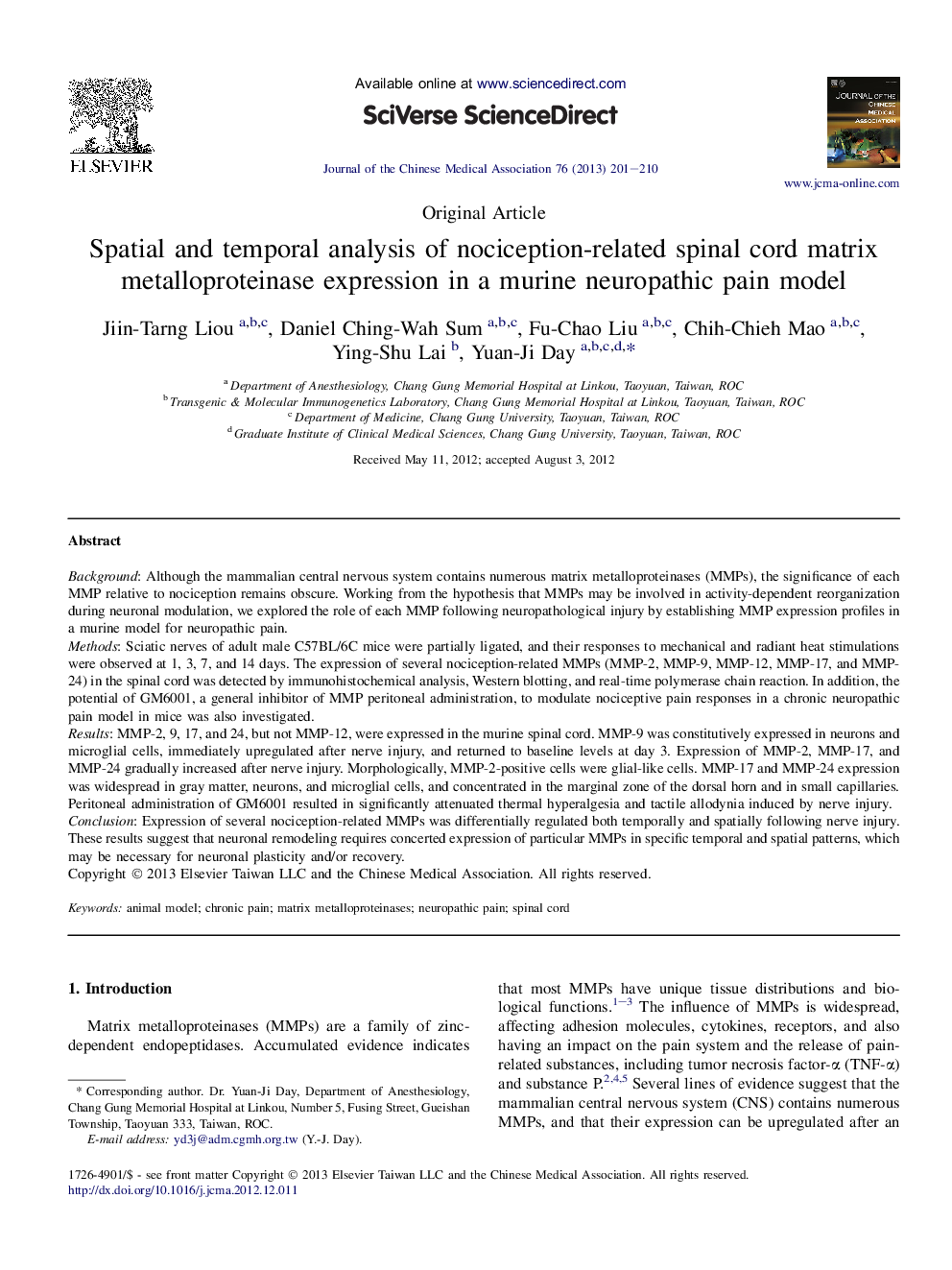 Spatial and temporal analysis of nociception-related spinal cord matrix metalloproteinase expression in a murine neuropathic pain model