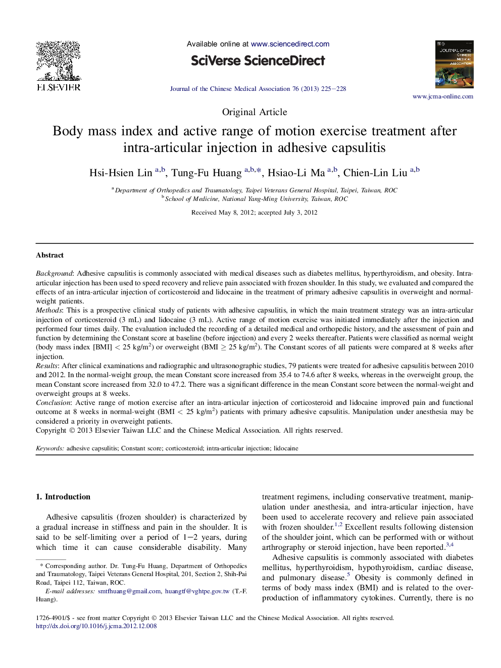 Body mass index and active range of motion exercise treatment after intra-articular injection in adhesive capsulitis