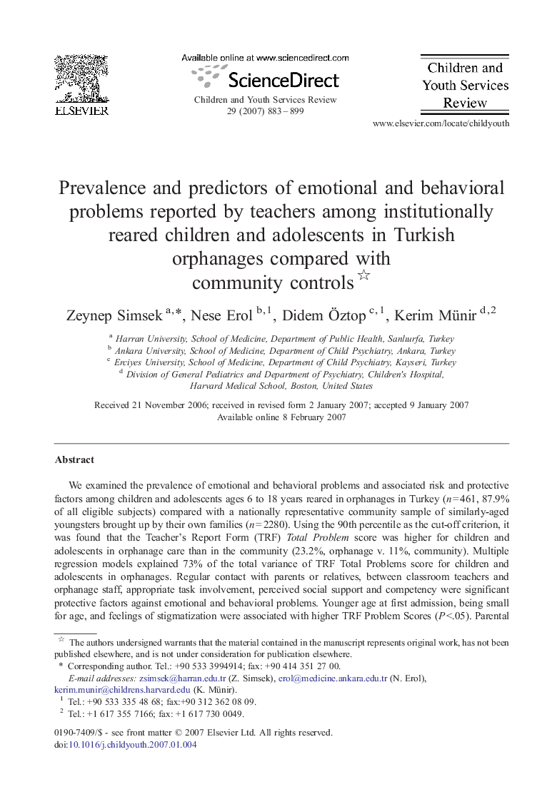 Prevalence and predictors of emotional and behavioral problems reported by teachers among institutionally reared children and adolescents in Turkish orphanages compared with community controls 