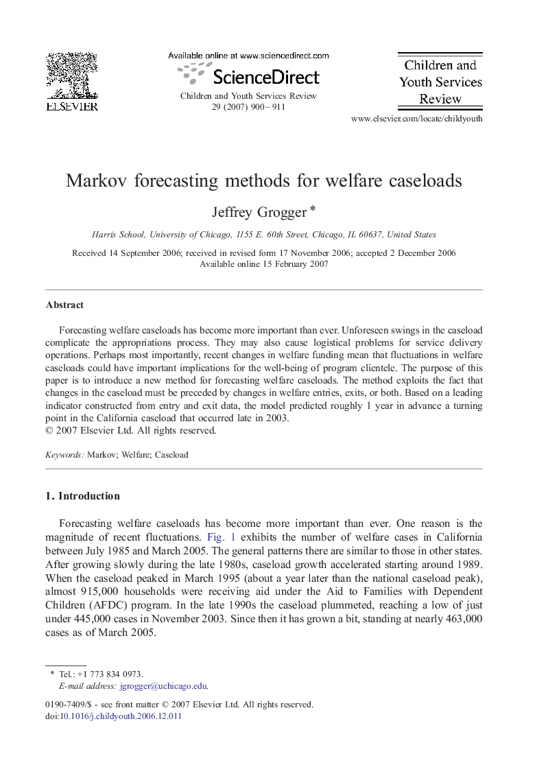 Markov forecasting methods for welfare caseloads