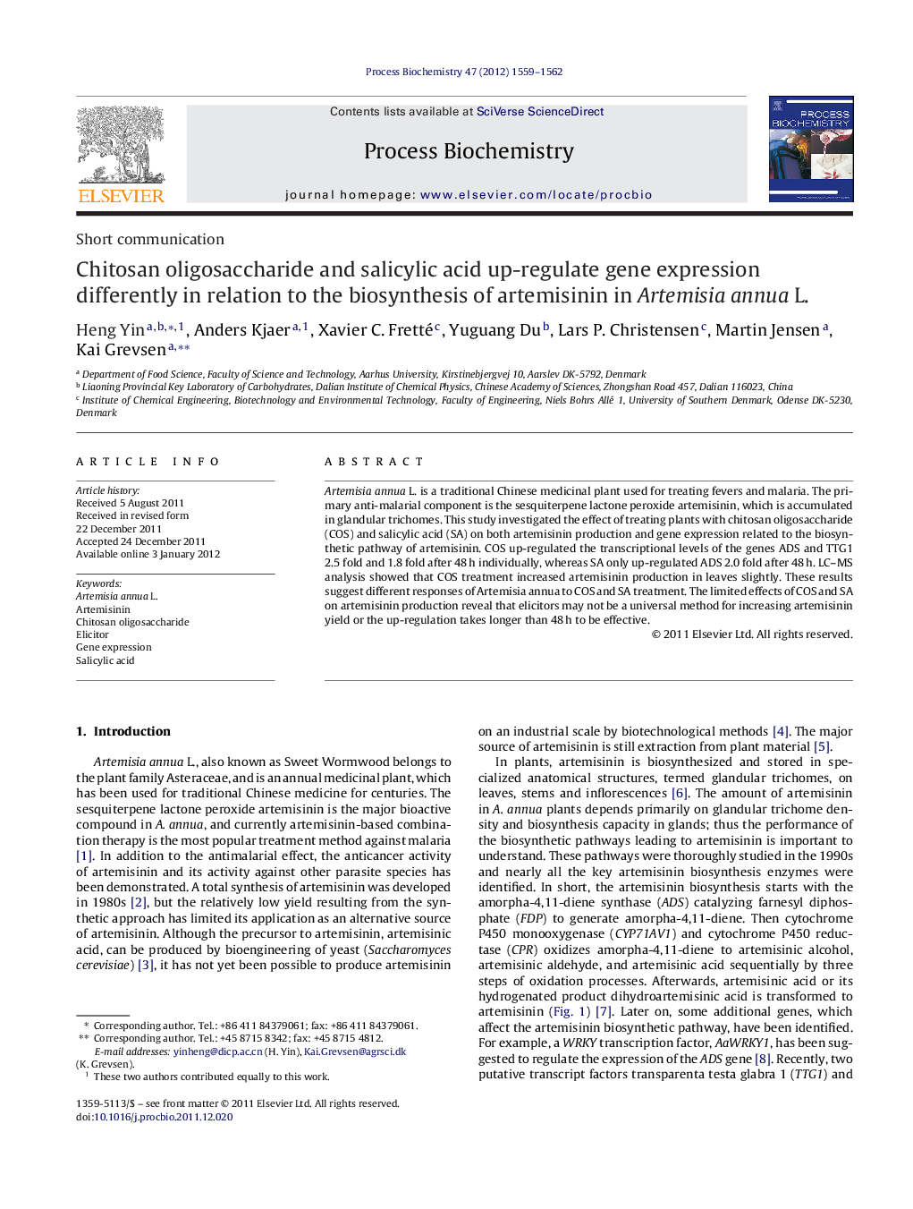 Chitosan oligosaccharide and salicylic acid up-regulate gene expression differently in relation to the biosynthesis of artemisinin in Artemisia annua L.