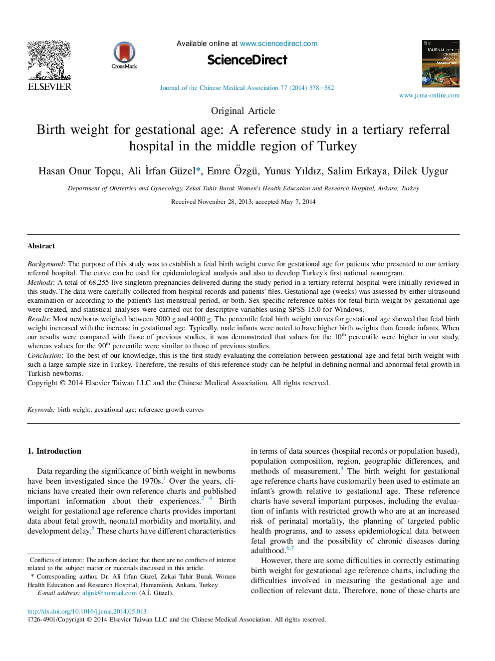 Birth weight for gestational age: A reference study in a tertiary referral hospital in the middle region of Turkey 