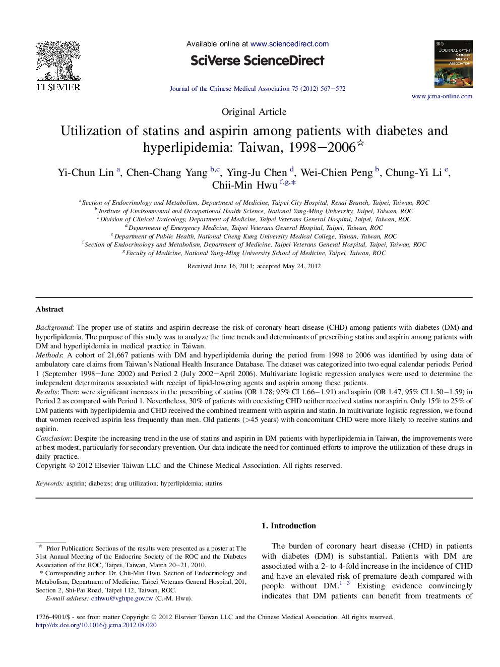 Utilization of statins and aspirin among patients with diabetes and hyperlipidemia: Taiwan, 1998–2006 