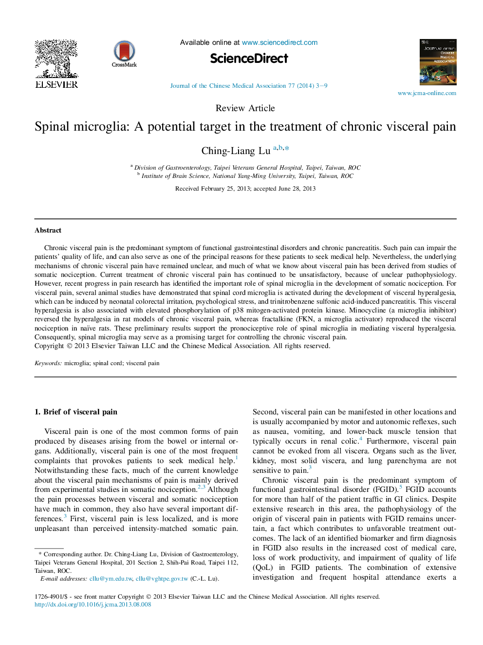 Spinal microglia: A potential target in the treatment of chronic visceral pain