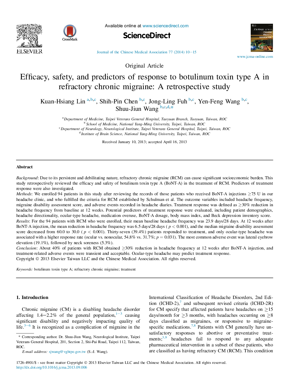 Efficacy, safety, and predictors of response to botulinum toxin type A in refractory chronic migraine: A retrospective study