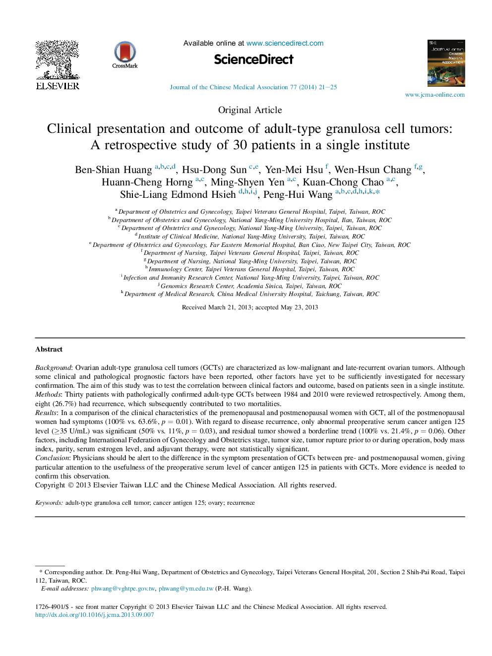 Clinical presentation and outcome of adult-type granulosa cell tumors: A retrospective study of 30 patients in a single institute