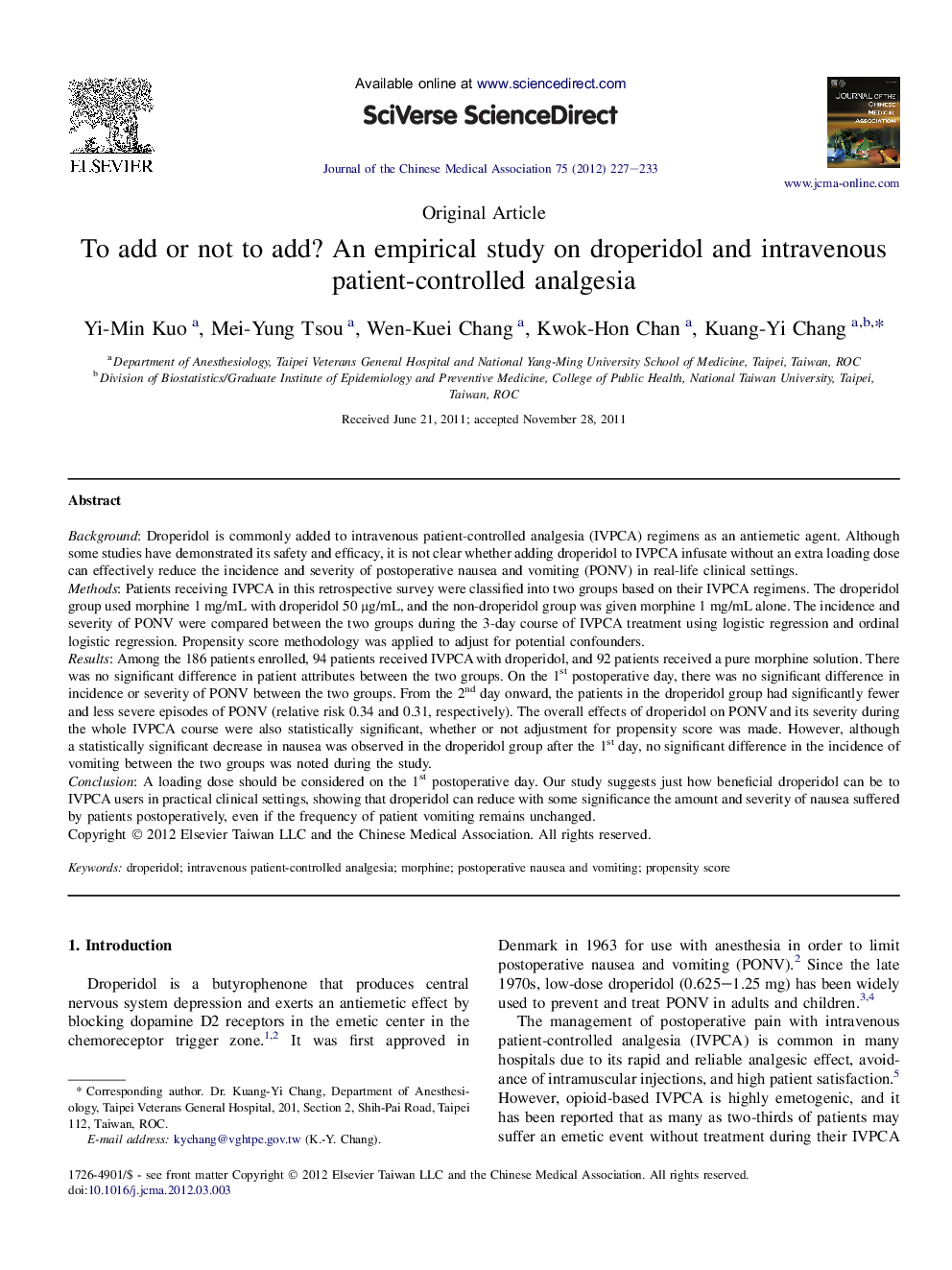 To add or not to add? An empirical study on droperidol and intravenous patient-controlled analgesia