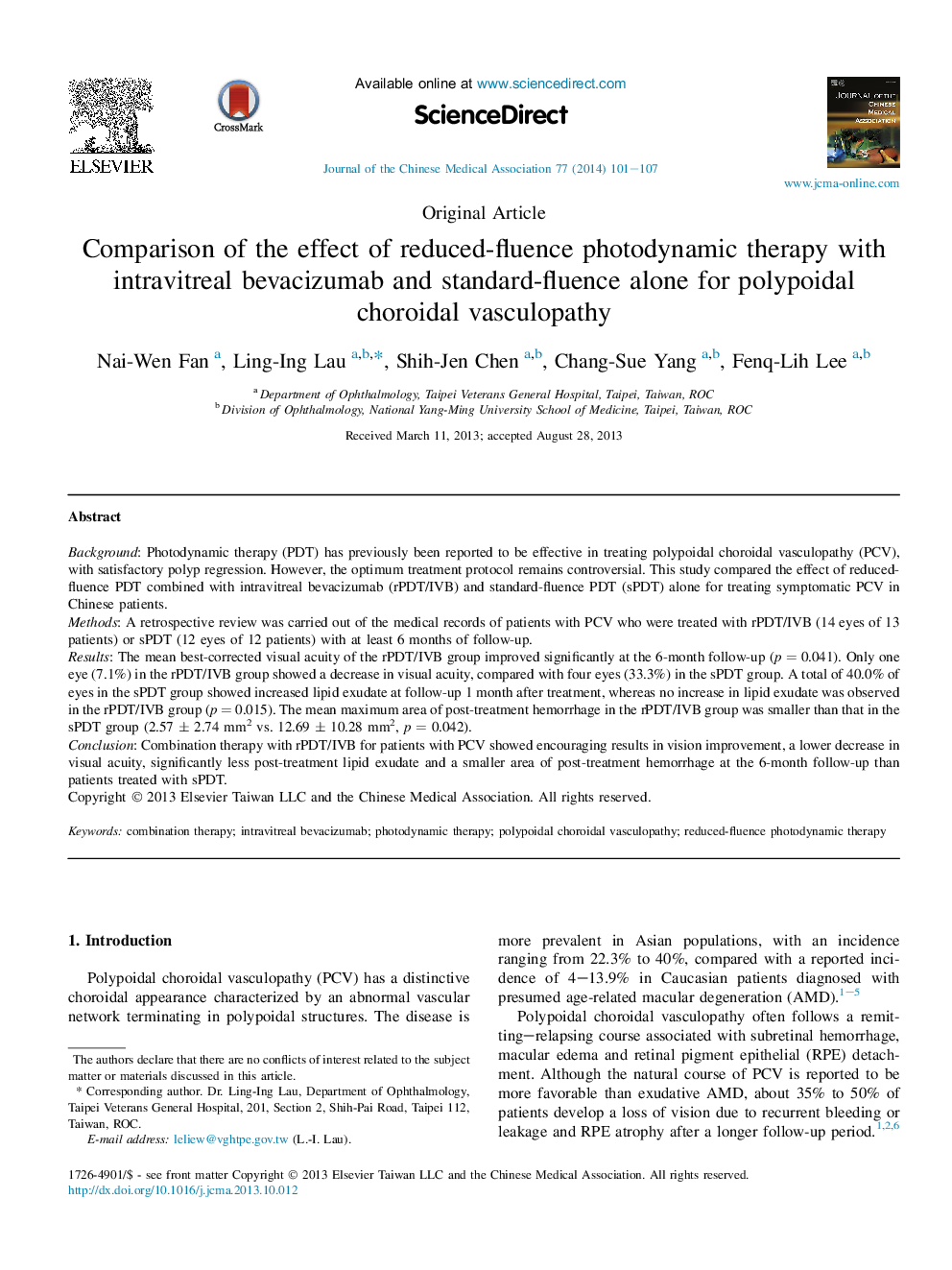 Comparison of the effect of reduced-fluence photodynamic therapy with intravitreal bevacizumab and standard-fluence alone for polypoidal choroidal vasculopathy 