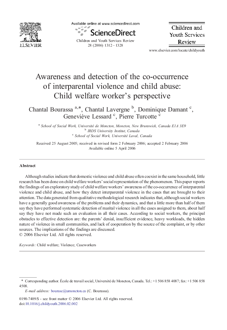 Awareness and detection of the co-occurrence of interparental violence and child abuse: Child welfare worker's perspective