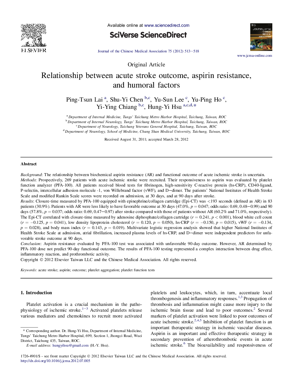 Relationship between acute stroke outcome, aspirin resistance, and humoral factors