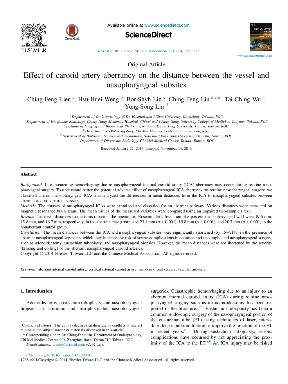 Effect of carotid artery aberrancy on the distance between the vessel and nasopharyngeal subsites 