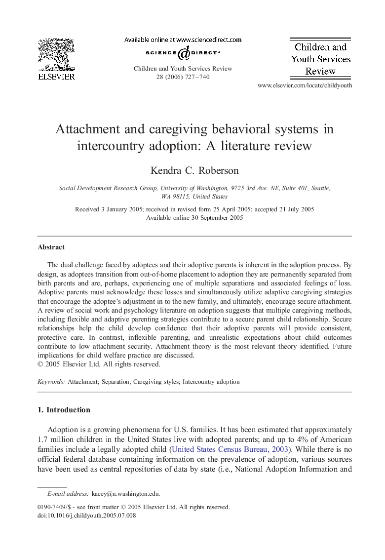 Attachment and caregiving behavioral systems in intercountry adoption: A literature review