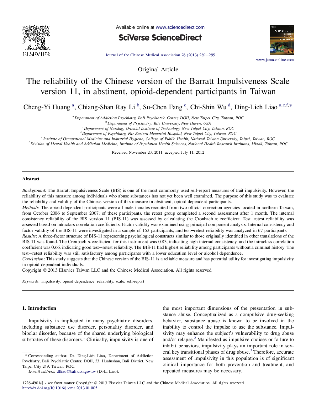 The reliability of the Chinese version of the Barratt Impulsiveness Scale version 11, in abstinent, opioid-dependent participants in Taiwan