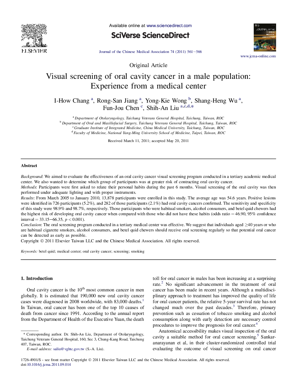 Visual screening of oral cavity cancer in a male population: Experience from a medical center