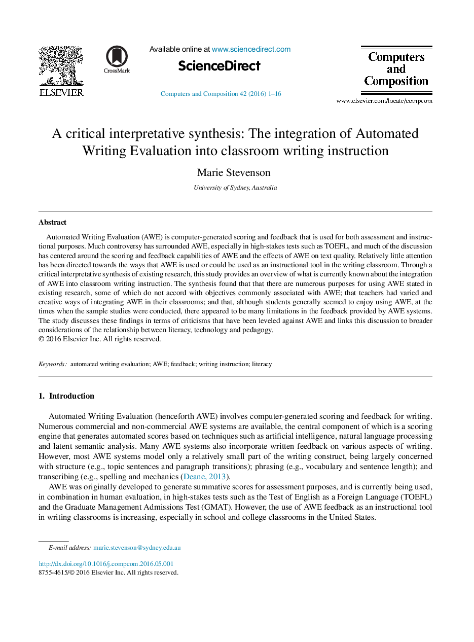 A critical interpretative synthesis: The integration of Automated Writing Evaluation into classroom writing instruction