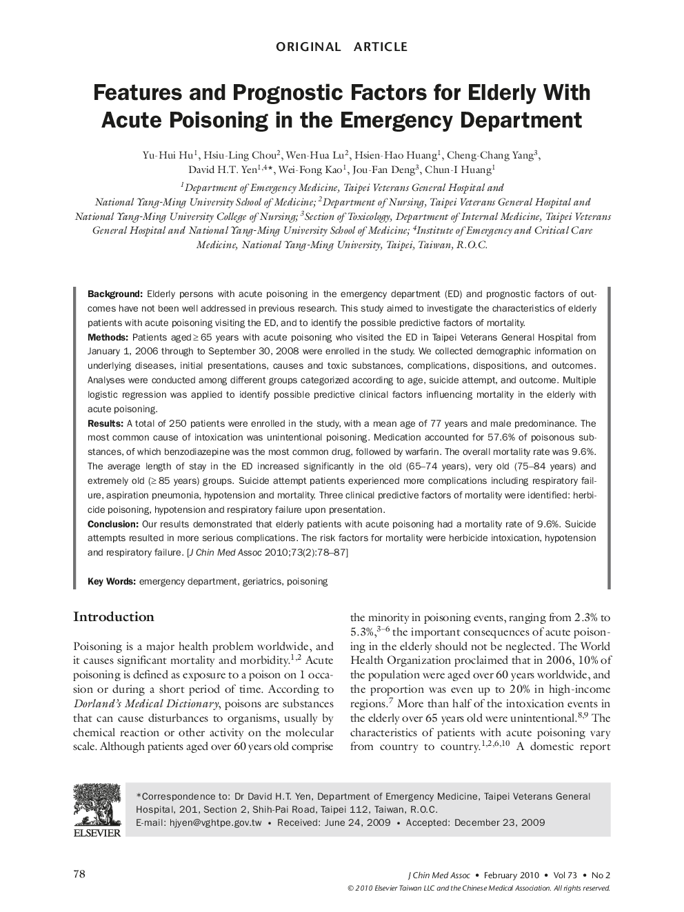Features and Prognostic Factors for Elderly With Acute Poisoning in the Emergency Department