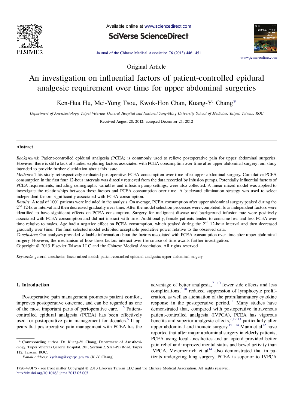 An investigation on influential factors of patient-controlled epidural analgesic requirement over time for upper abdominal surgeries