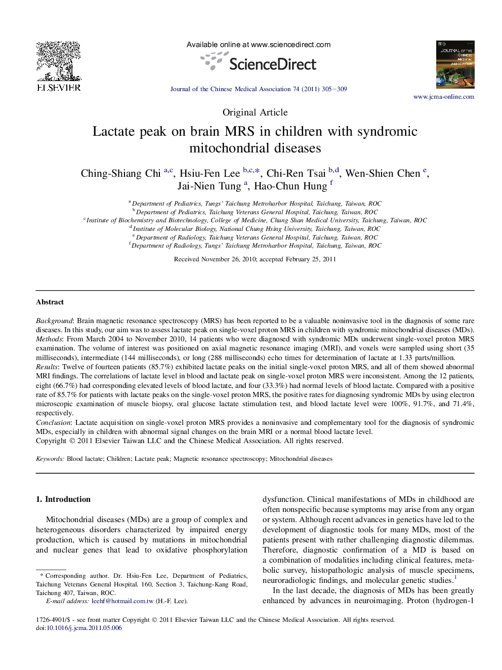 Lactate peak on brain MRS in children with syndromic mitochondrial diseases