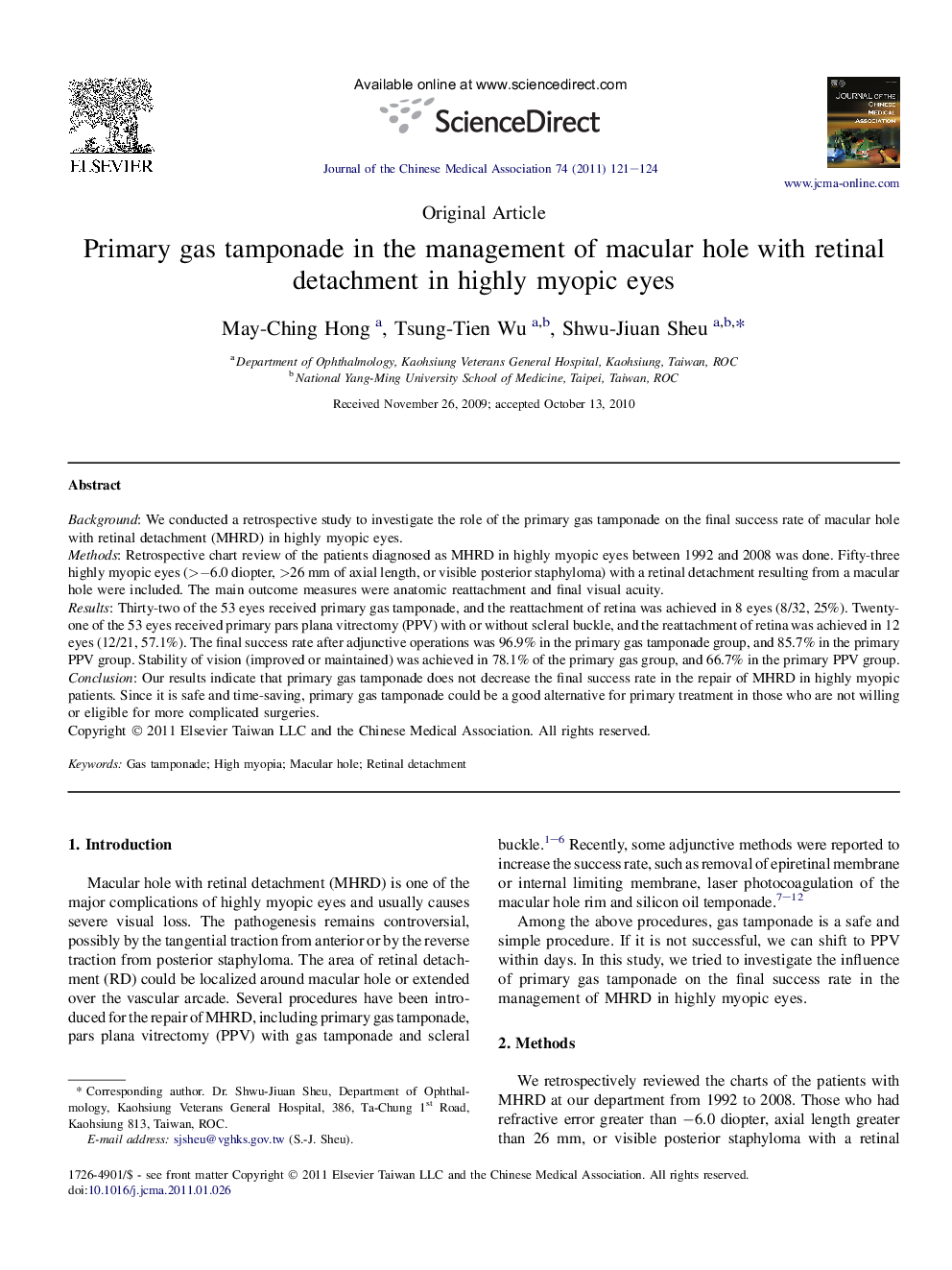 Primary gas tamponade in the management of macular hole with retinal detachment in highly myopic eyes