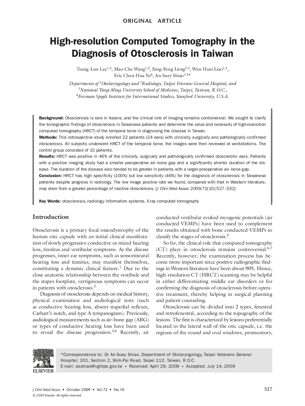 High-resolution Computed Tomography in the Diagnosis of Otosclerosis in Taiwan