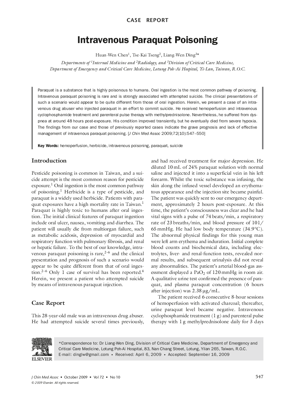 Intravenous Paraquat Poisoning