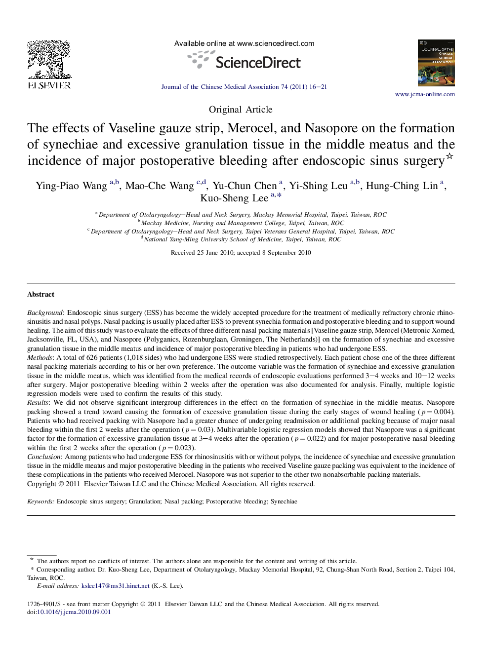 The effects of Vaseline gauze strip, Merocel, and Nasopore on the formation of synechiae and excessive granulation tissue in the middle meatus and the incidence of major postoperative bleeding after endoscopic sinus surgery 