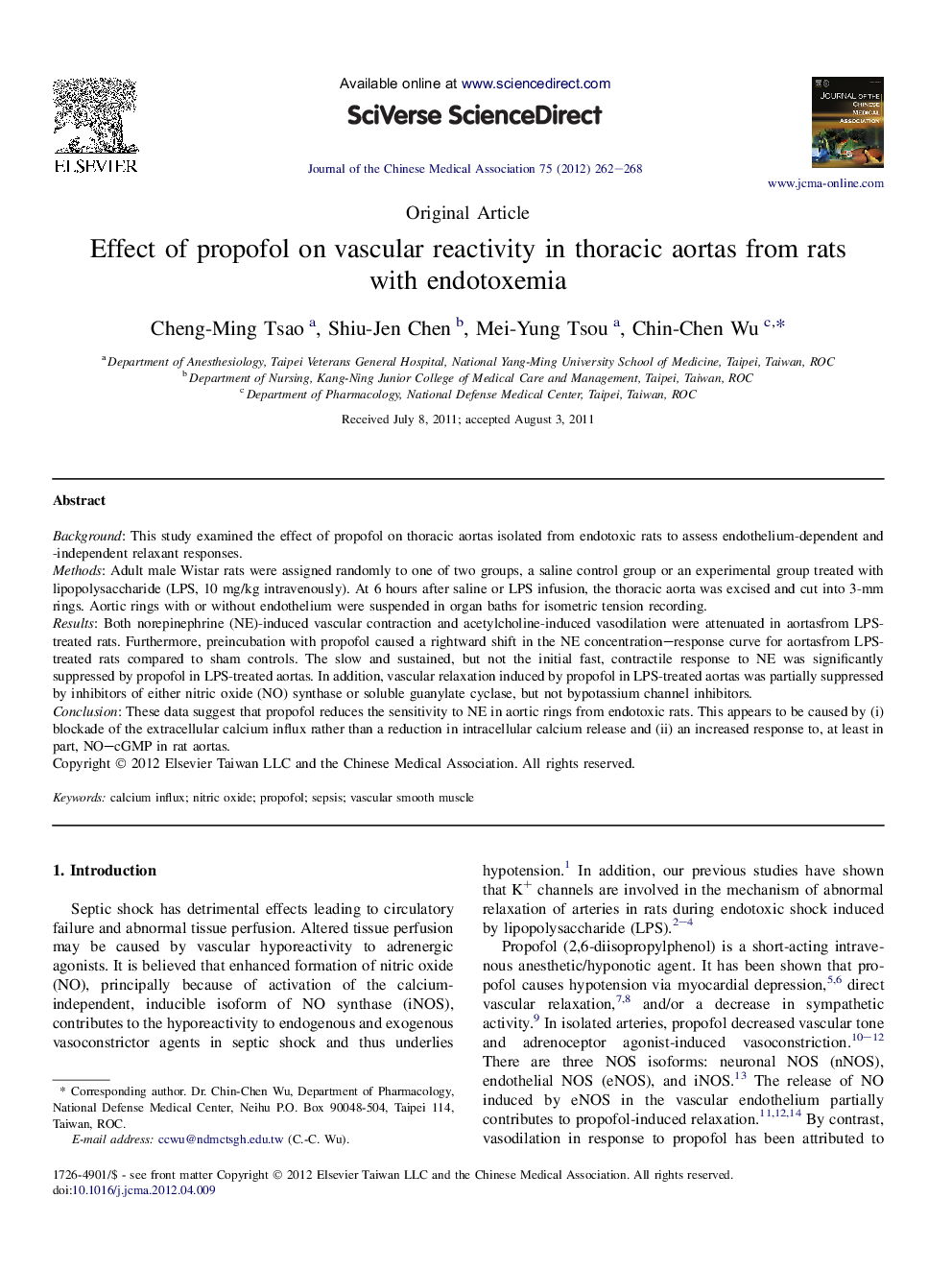 Effect of propofol on vascular reactivity in thoracic aortas from rats with endotoxemia