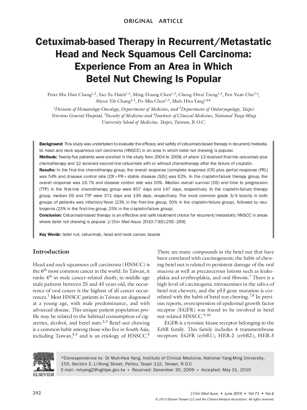 Cetuximab-based Therapy in Recurrent/Metastatic Head and Neck Squamous Cell Carcinoma: Experience From an Area in Which Betel Nut Chewing Is Popular