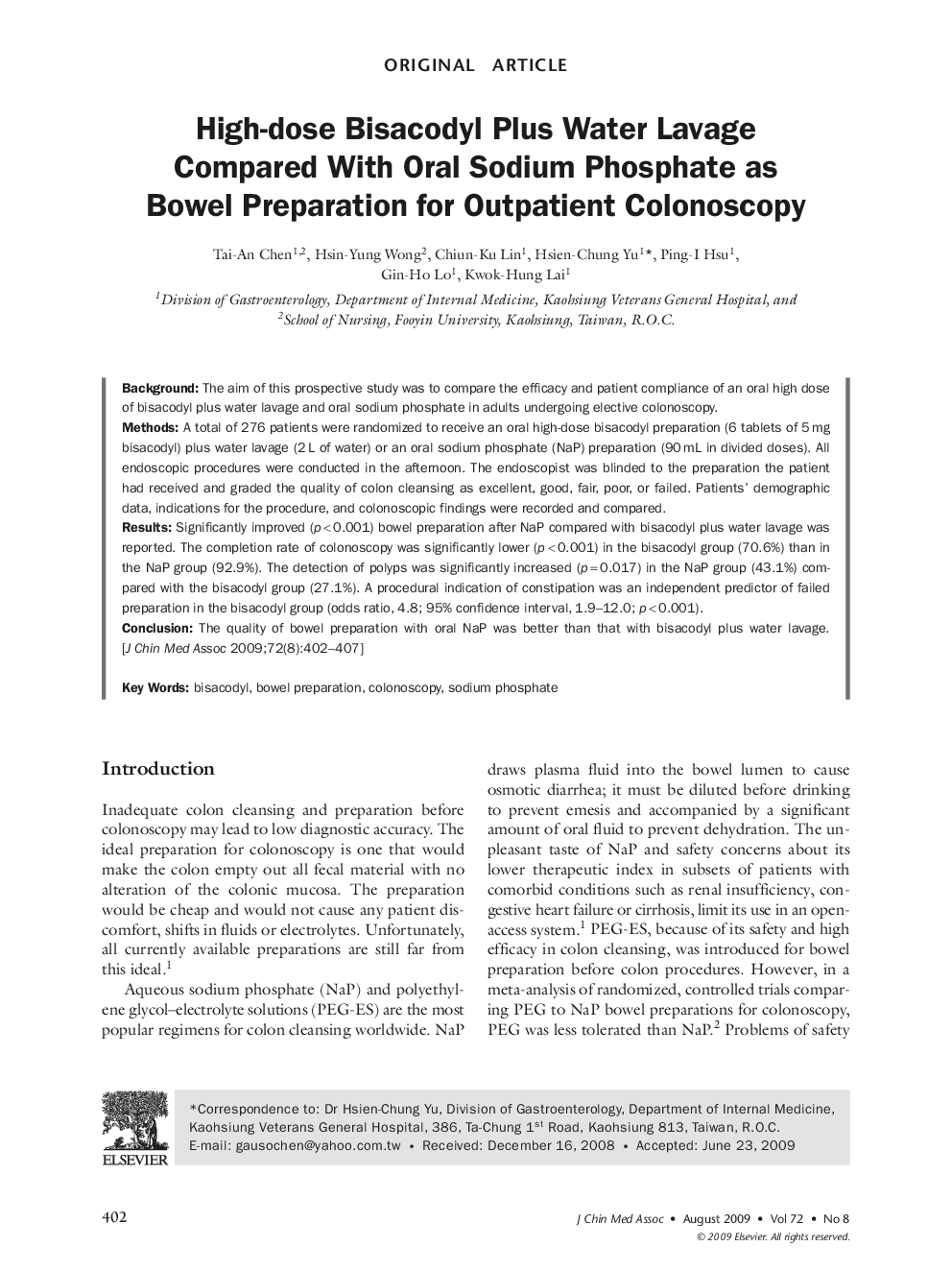High-dose Bisacodyl Plus Water Lavage Compared With Oral Sodium Phosphate as Bowel Preparation for Outpatient Colonoscopy