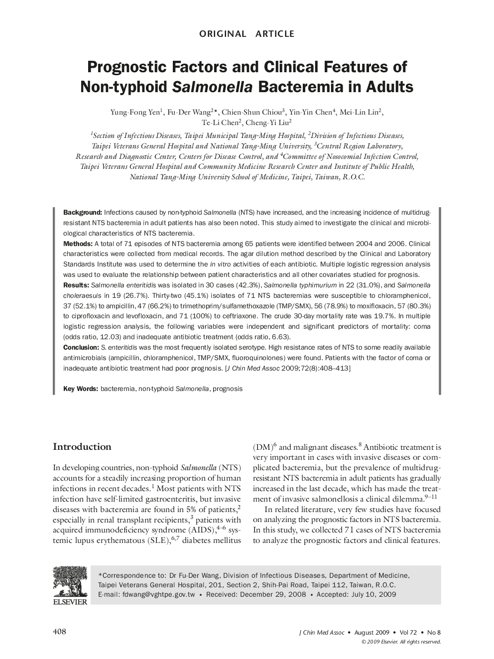 Prognostic Factors and Clinical Features of Non-typhoid Salmonella Bacteremia in Adults