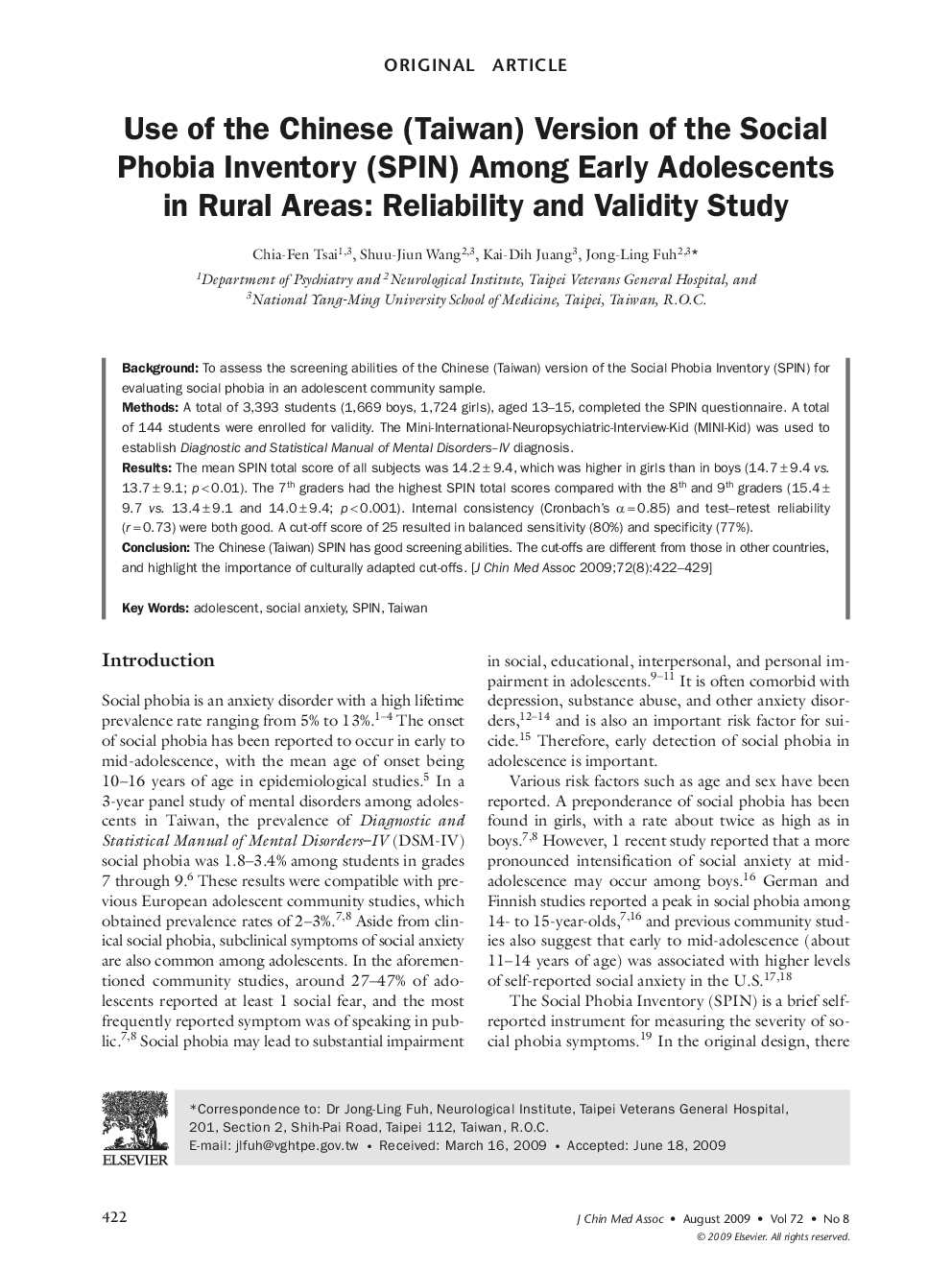 Use of the Chinese (Taiwan) Version of the Social Phobia Inventory (SPIN) Among Early Adolescents in Rural Areas: Reliability and Validity Study