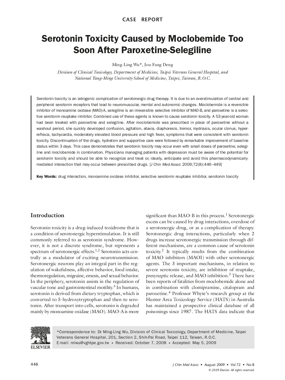 Serotonin Toxicity Caused by Moclobemide Too Soon After Paroxetine-Selegiline