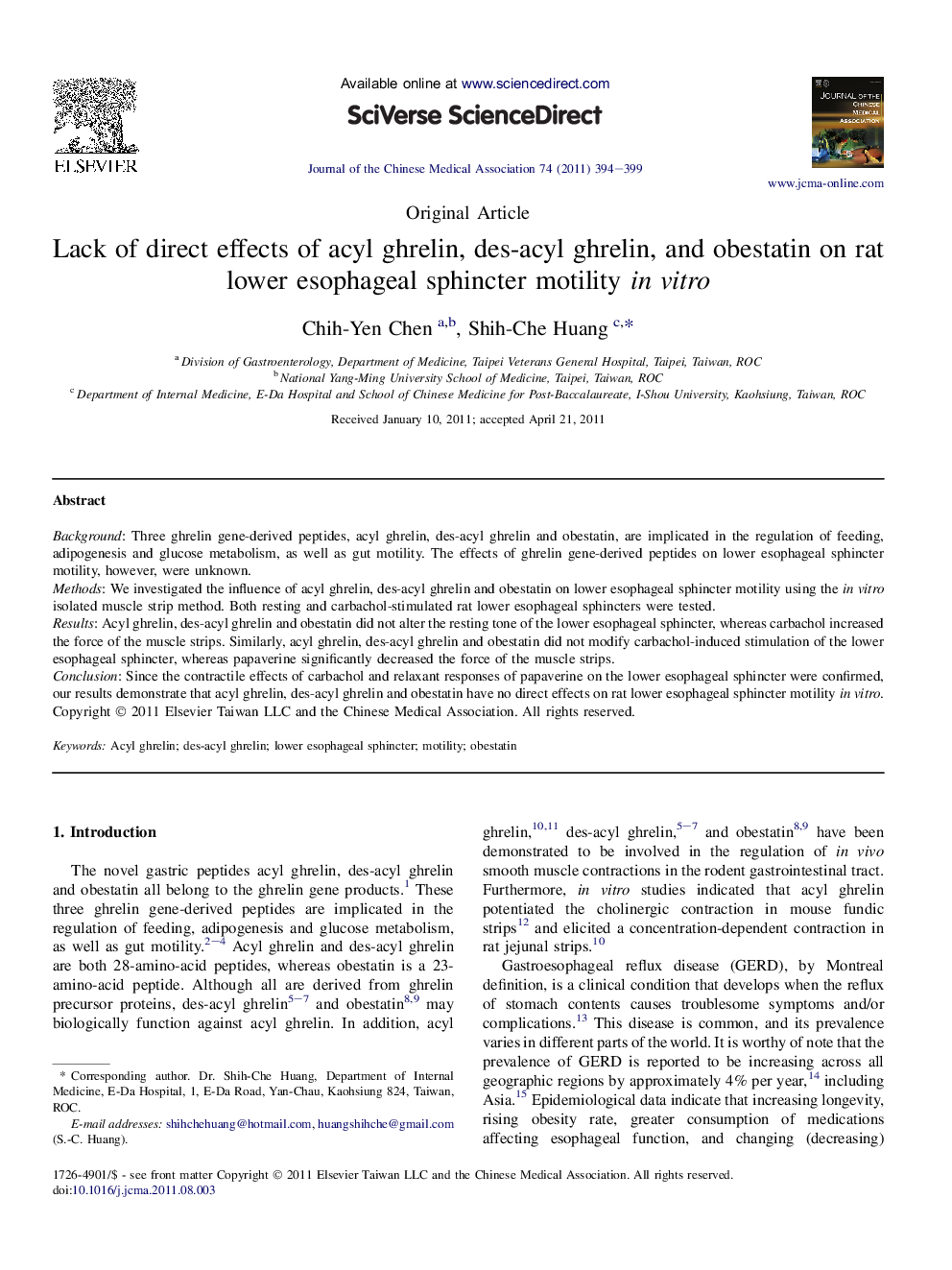 Lack of direct effects of acyl ghrelin, des-acyl ghrelin, and obestatin on rat lower esophageal sphincter motility in vitro