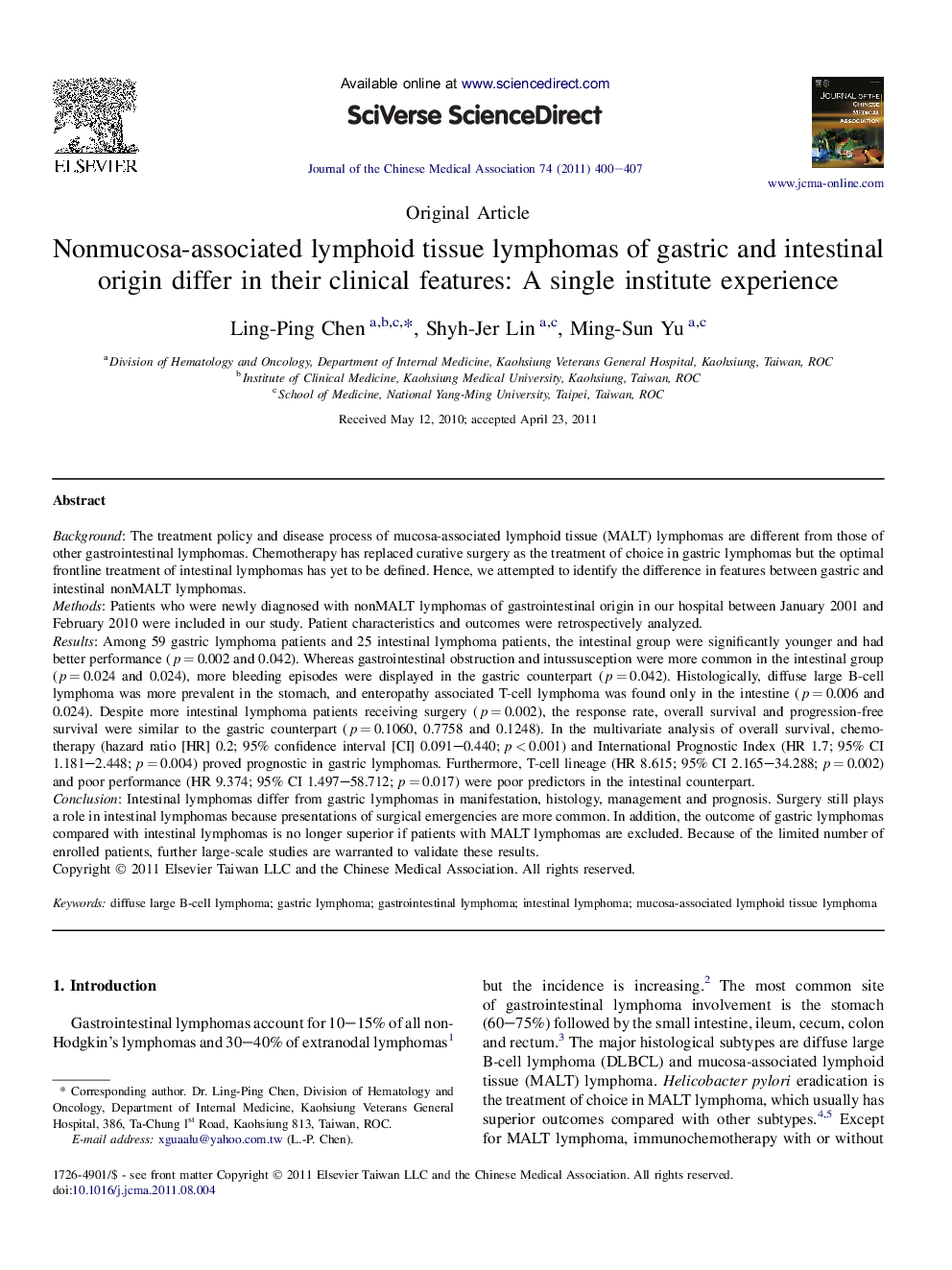 Nonmucosa-associated lymphoid tissue lymphomas of gastric and intestinal origin differ in their clinical features: A single institute experience