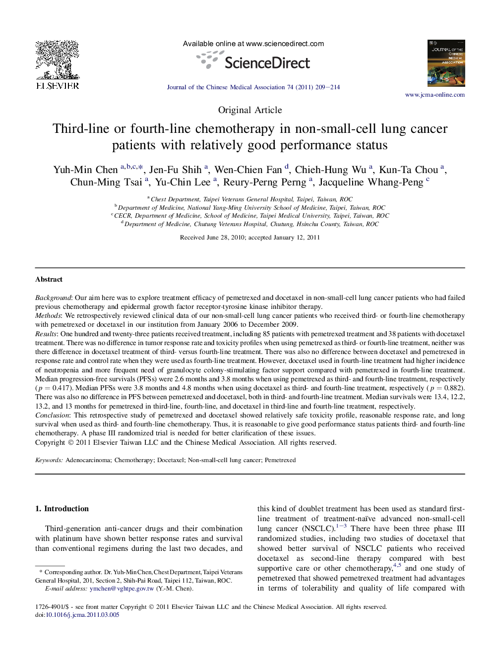 Third-line or fourth-line chemotherapy in non-small-cell lung cancer patients with relatively good performance status