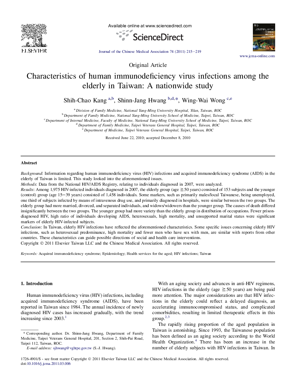 Characteristics of human immunodeficiency virus infections among the elderly in Taiwan: A nationwide study