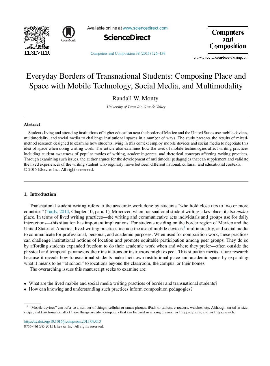 Everyday Borders of Transnational Students: Composing Place and Space with Mobile Technology, Social Media, and Multimodality