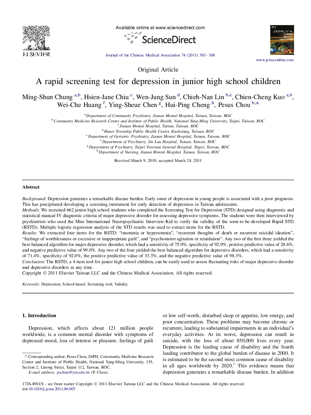 A rapid screening test for depression in junior high school children