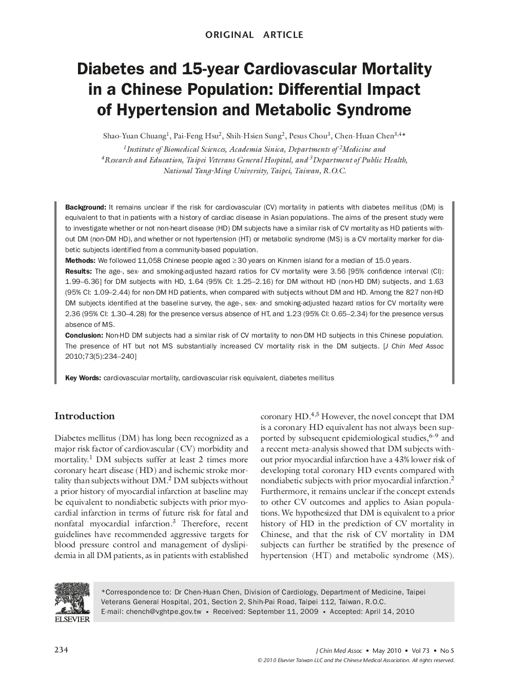 Diabetes and 15-year Cardiovascular Mortality in a Chinese Population: Differential Impact of Hypertension and Metabolic Syndrome