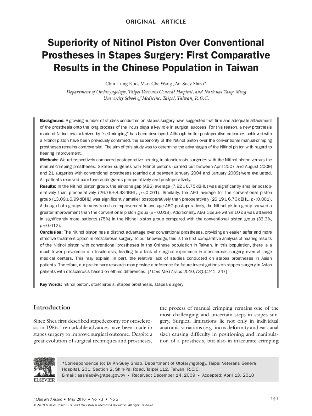 Superiority of Nitinol Piston Over Conventional Prostheses in Stapes Surgery: First Comparative Results in the Chinese Population in Taiwan