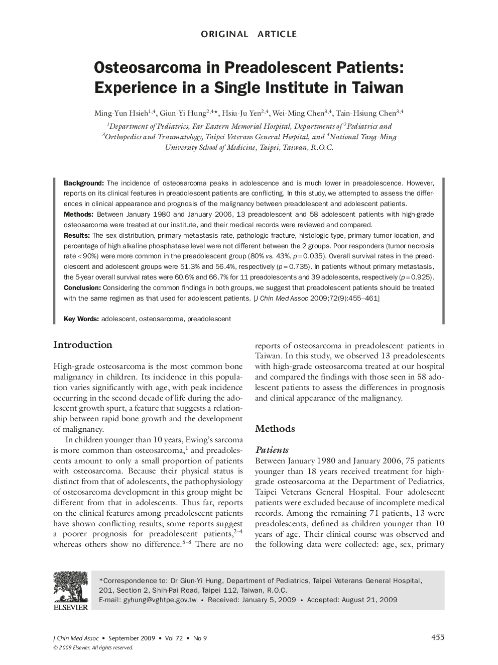 Osteosarcoma in Preadolescent Patients: Experience in a Single Institute in Taiwan