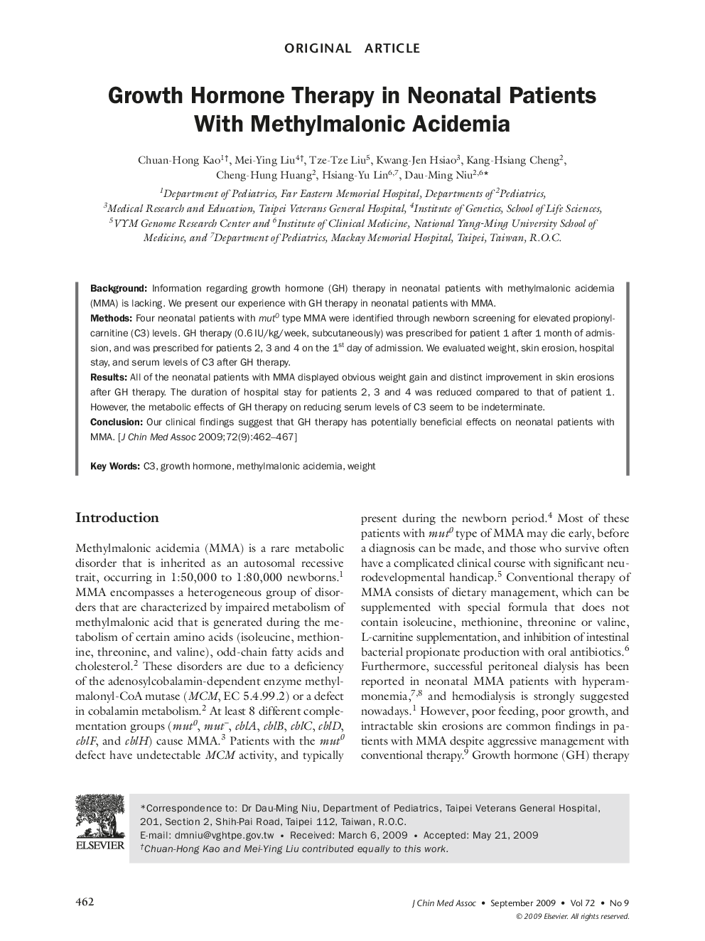 Growth Hormone Therapy in Neonatal Patients With Methylmalonic Acidemia