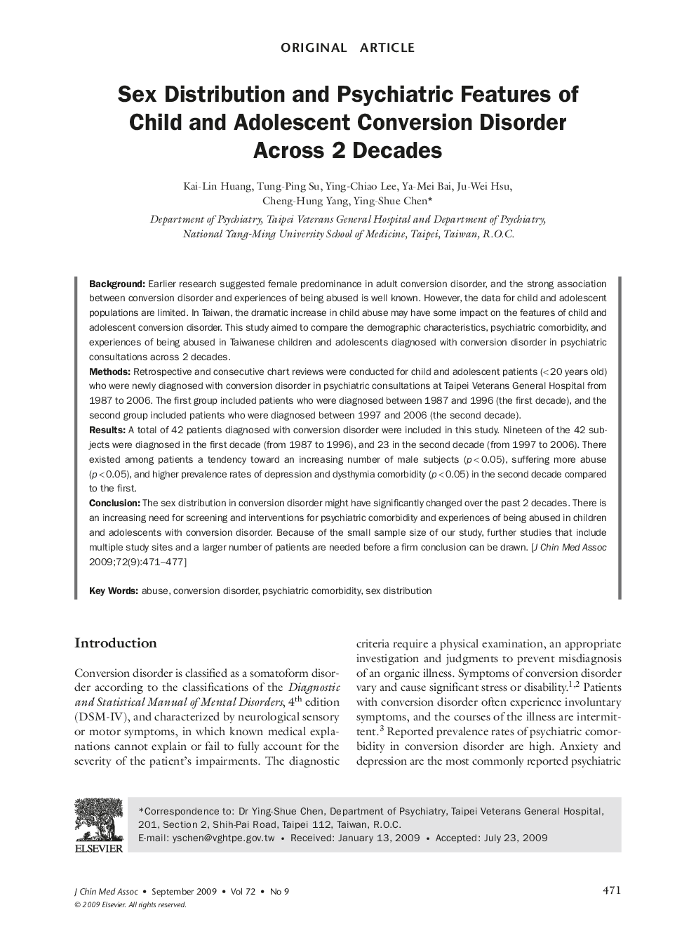 Sex Distribution and Psychiatric Features of Child and Adolescent Conversion Disorder Across 2 Decades