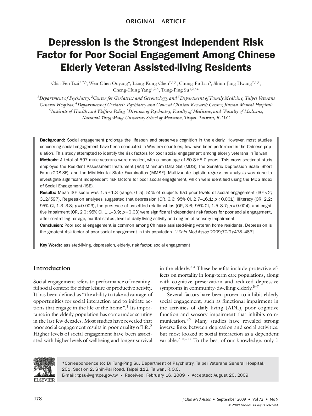 Depression is the Strongest Independent Risk Factor for Poor Social Engagement Among Chinese Elderly Veteran Assisted-living Residents