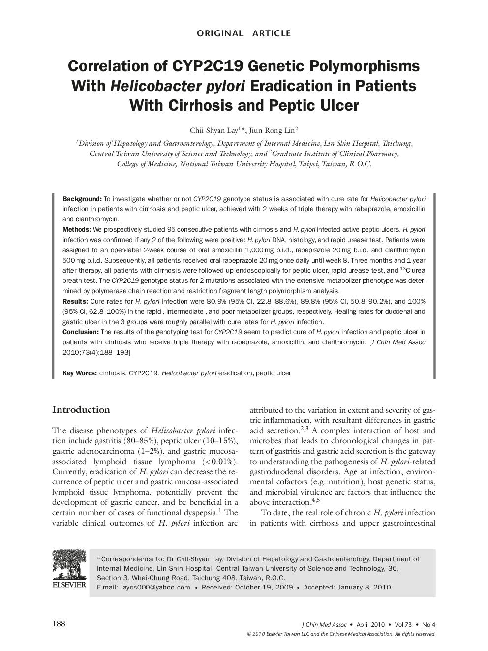 Correlation of CYP2C19 Genetic Polymorphisms With Helicobacter pylori Eradication in Patients With Cirrhosis and Peptic Ulcer