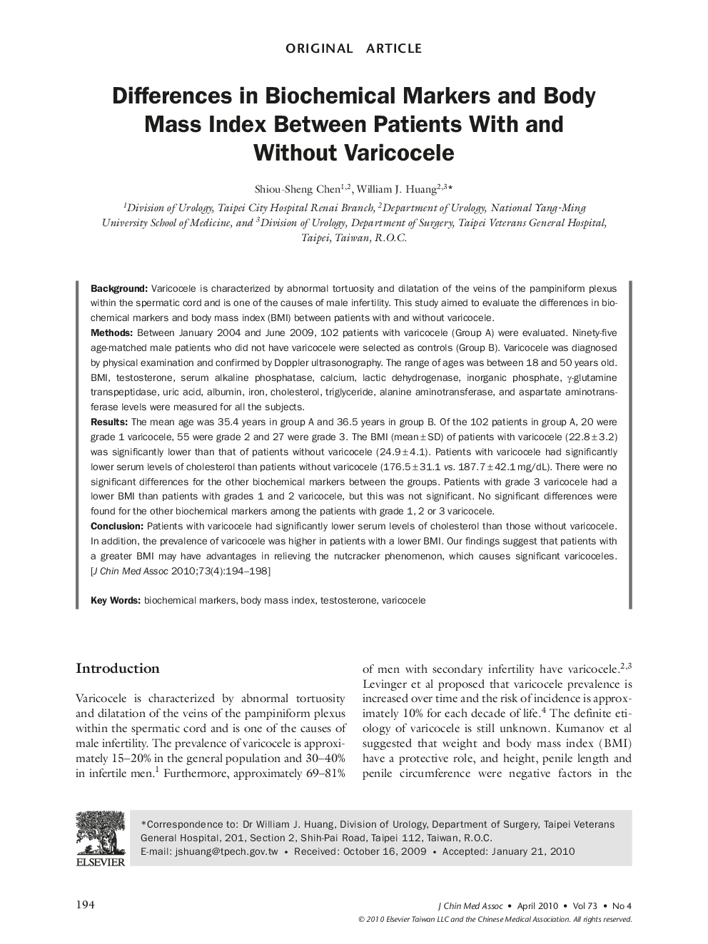 Differences in Biochemical Markers and Body Mass Index Between Patients With and Without Varicocele